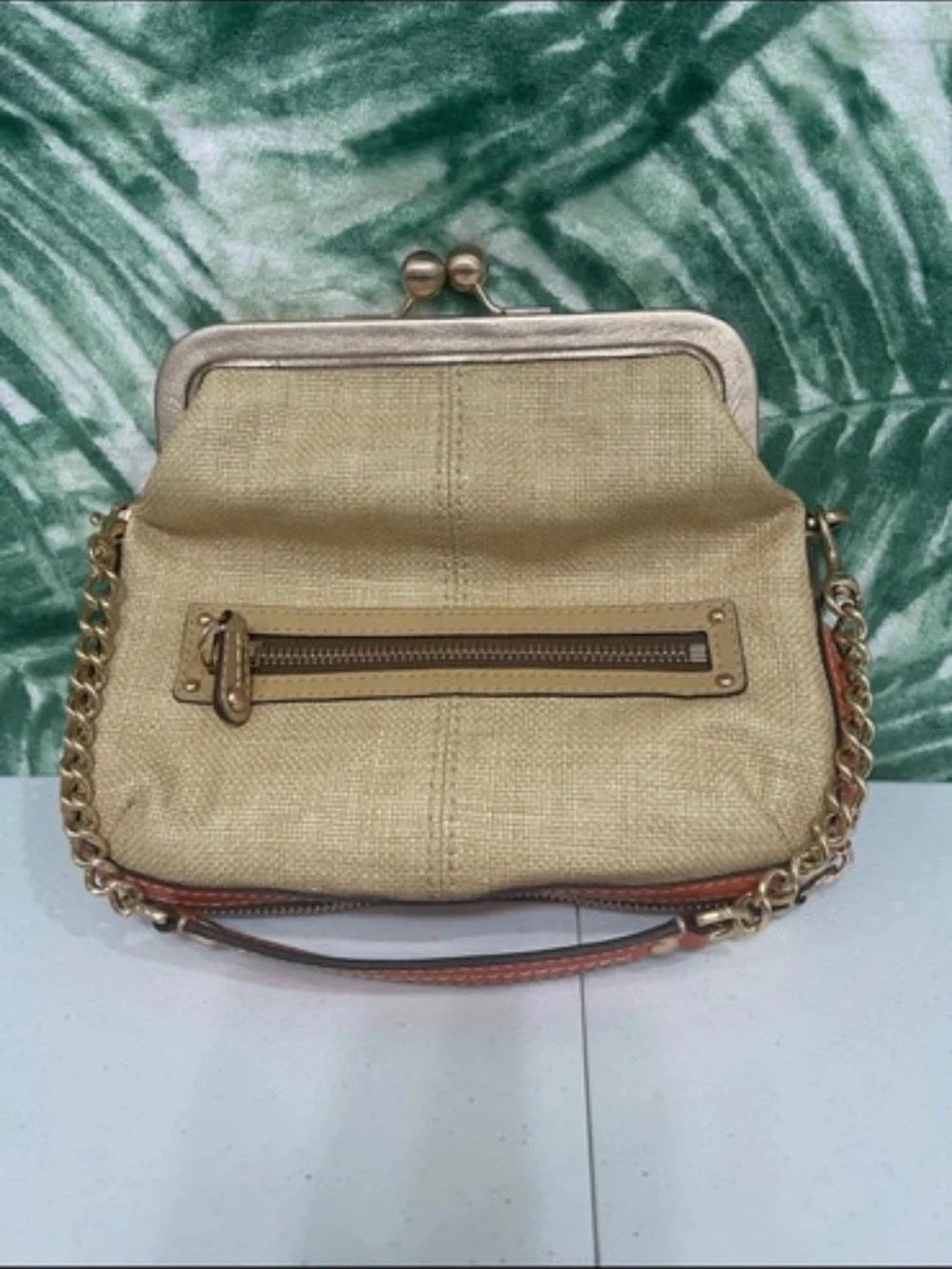 Vintage Coach Beige Canvas Shoulder Bag with Gold Chain Trim